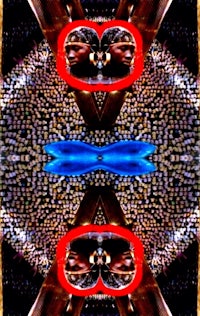 a psychedelic image of a cat with a red heart